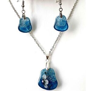 Handmade Resin Irregular Shaped Blue Gradient Floral Jewelry Set